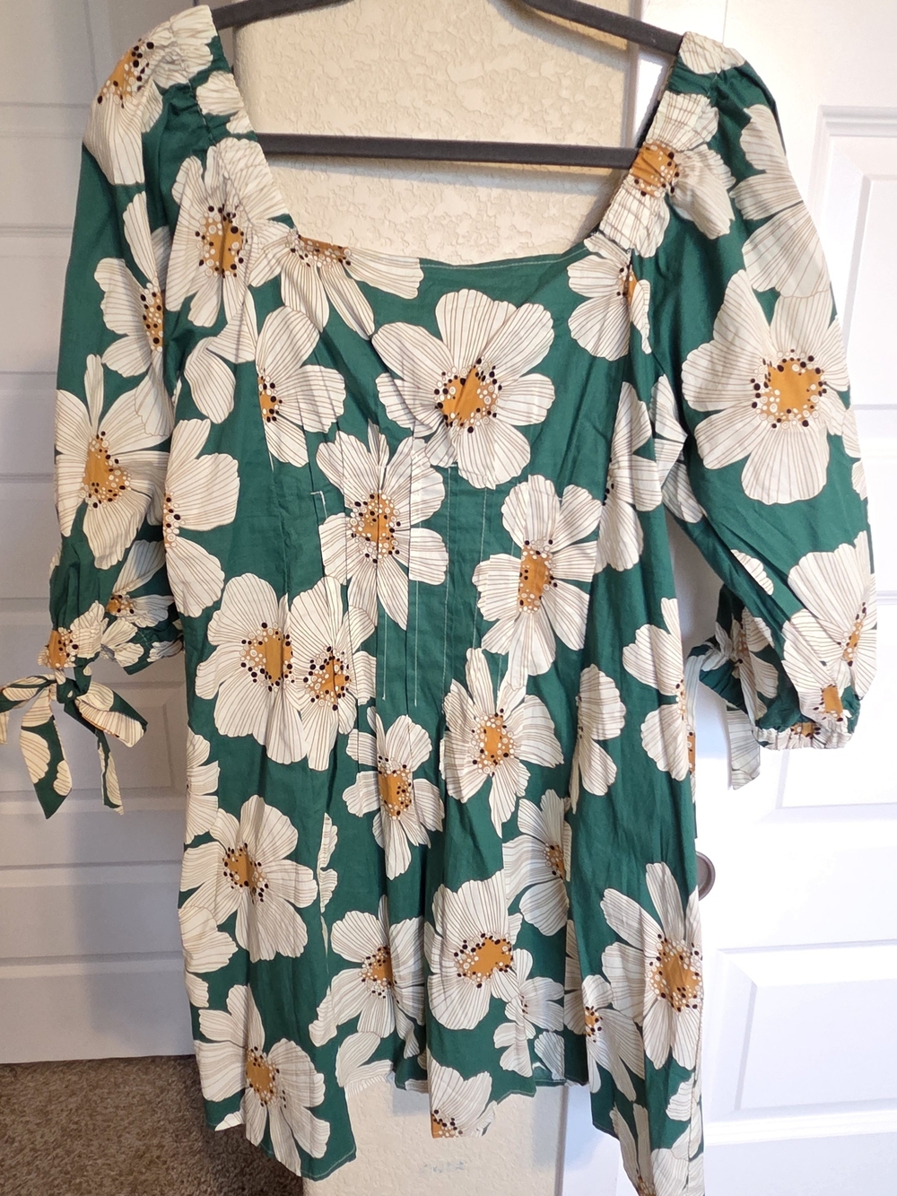 Umgee Green Floral Smocked Dress with White Flowers